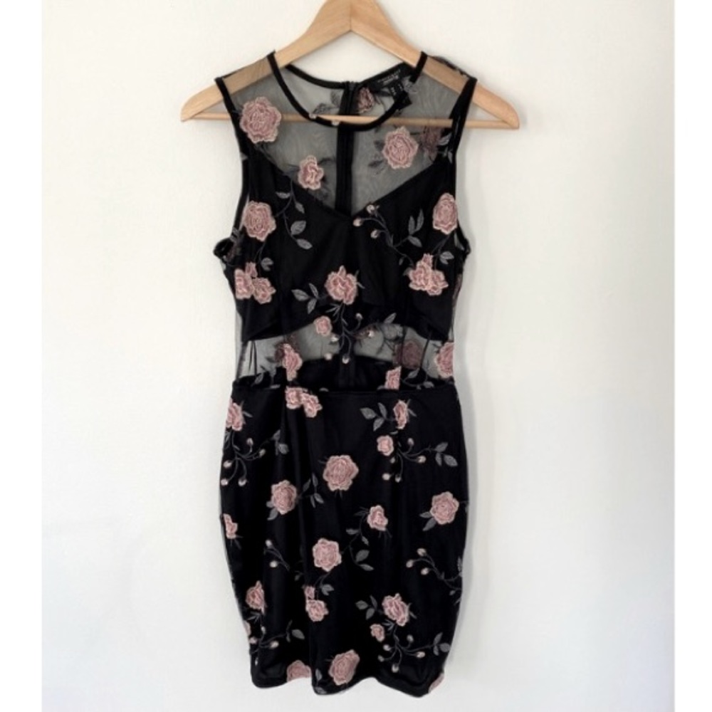 Black Dress with Mesh and Rose Appliqué Detail
